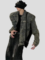 Retro Washed Shoulder Padded Denim Jacket