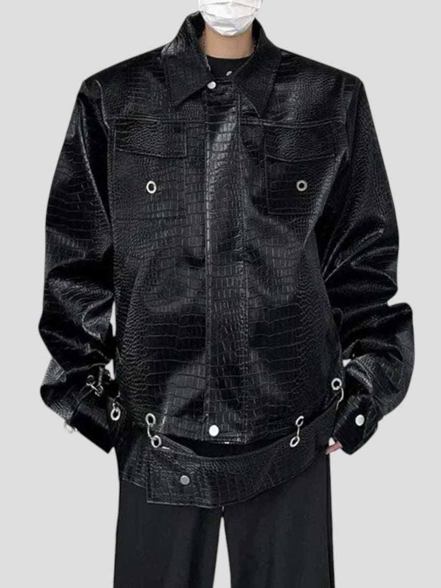 Crocodile Pattern Shoulder Pads Leather Jacket