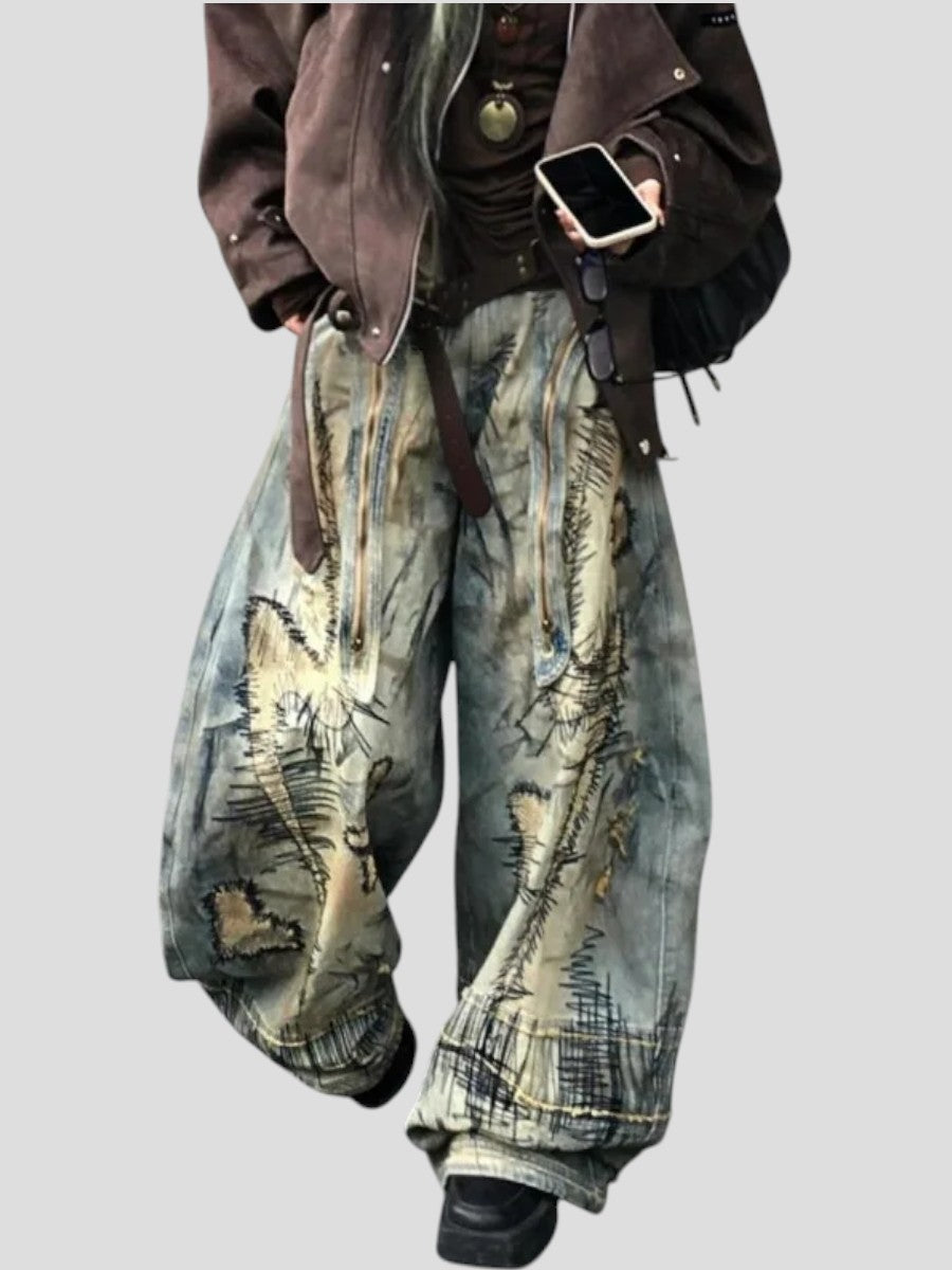 American Street Destruction Style Embroidered Denim Pants