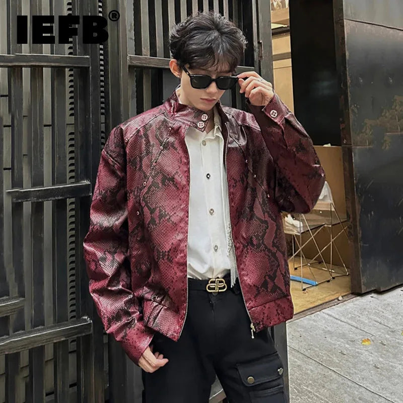 IEFB High Street Men's Jackets PU Leather Rivets Decoration Snakeskin Pattern Contrast Color Loose Zipper Male Coats 9X1676