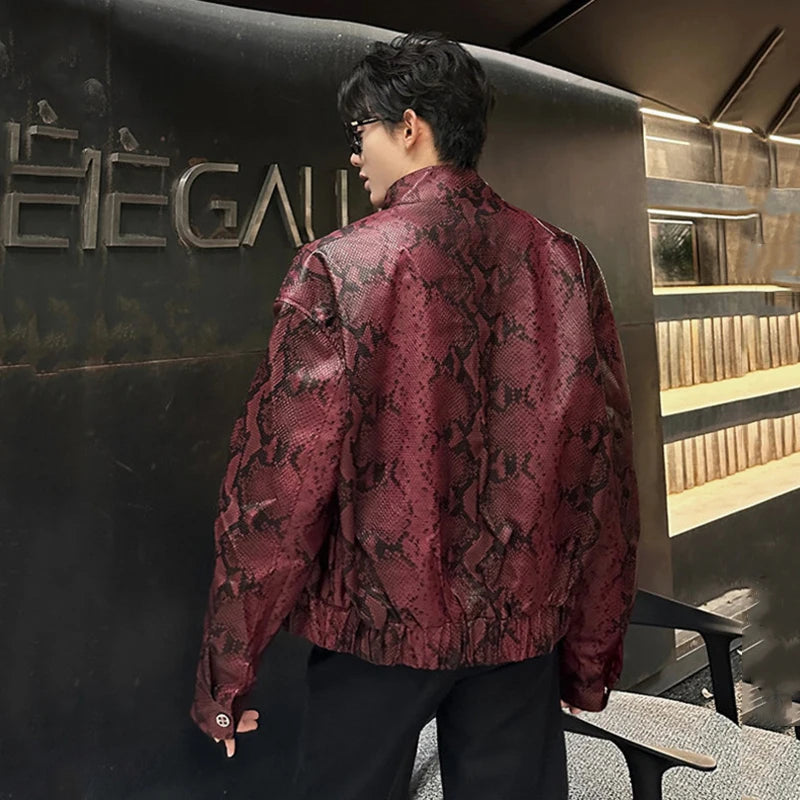IEFB High Street Men's Jackets PU Leather Rivets Decoration Snakeskin Pattern Contrast Color Loose Zipper Male Coats 9X1676