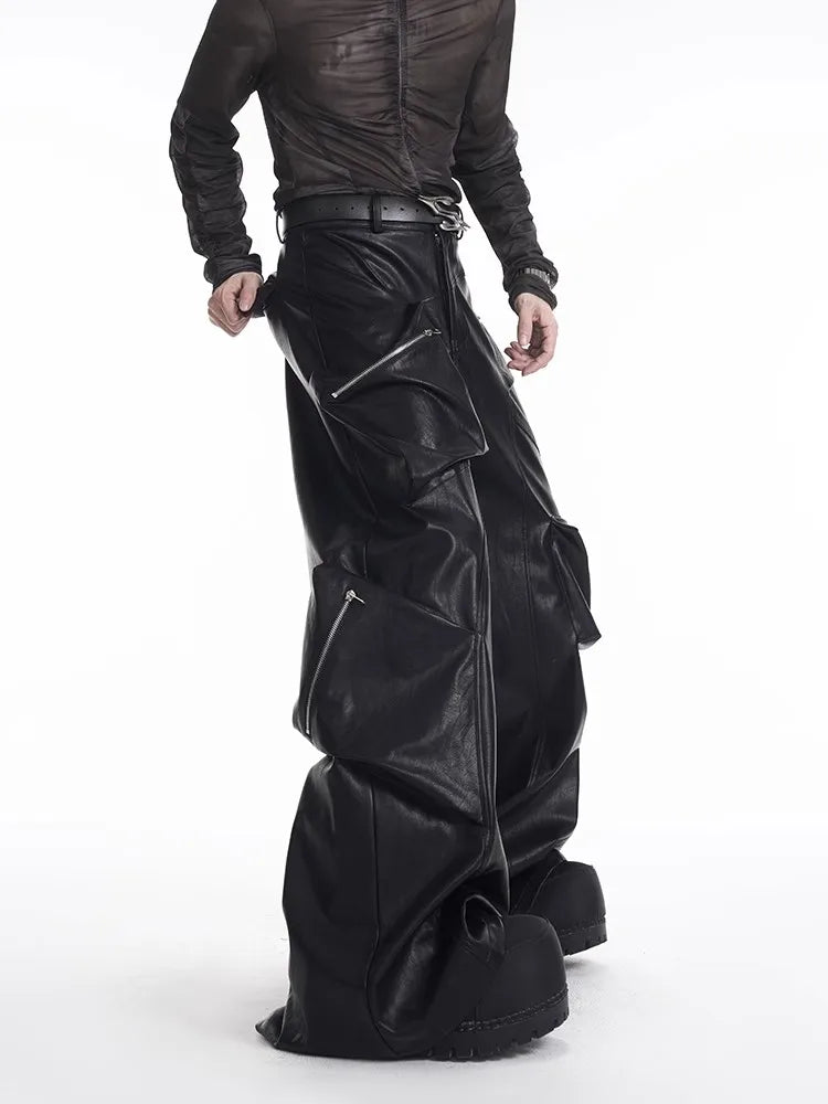 Long Baggy Black Pu Leather Wide Leg Cargo Pants