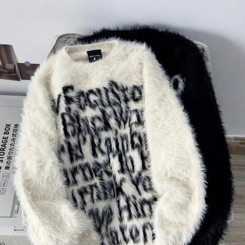 Retro Couple Letter Soft Waxy Sweater Men and Women Autumn and Winter Loose Knitted Sweater
