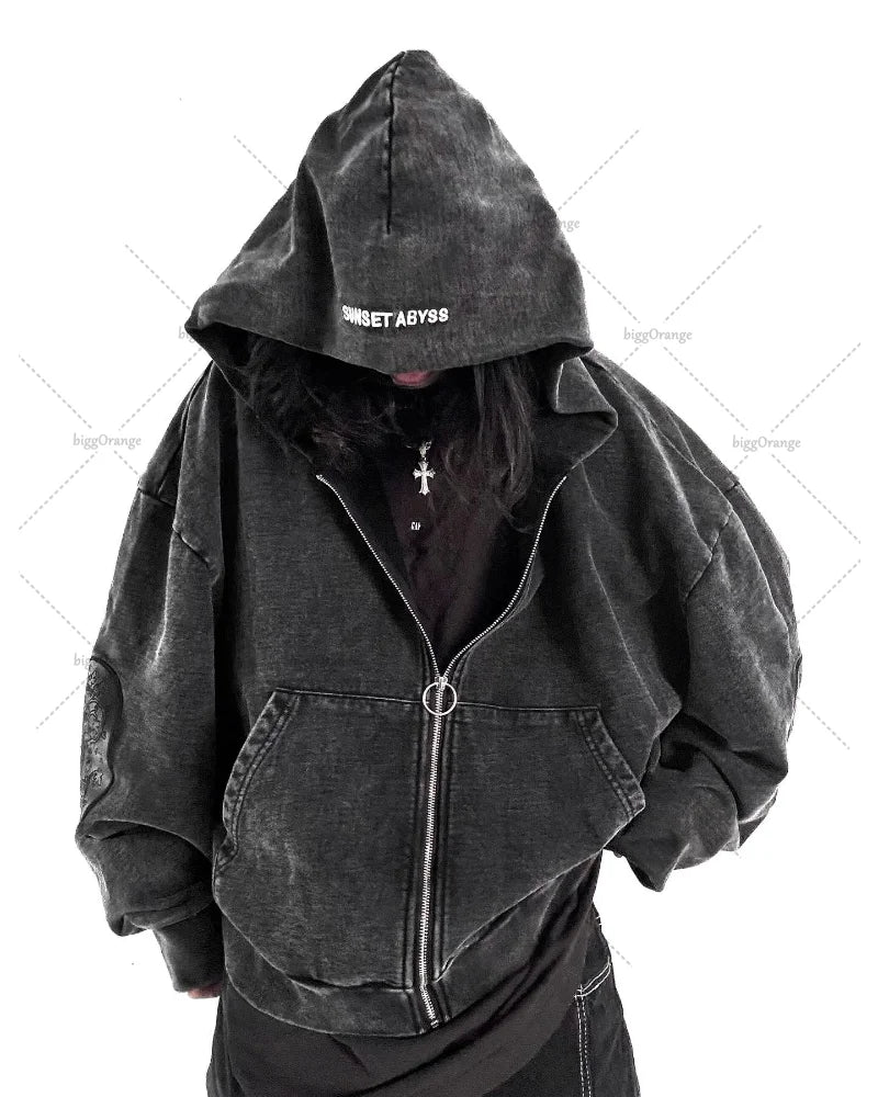 Gothic washed embroidered men hoodie retro hip-hop Y2k zipper hoodie fashionable street pure cotton overweight couple sportswear